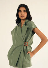 A Model Wearing Green Linen Green Linen Cap Sleeves Jacket, curated by Only Ethikal